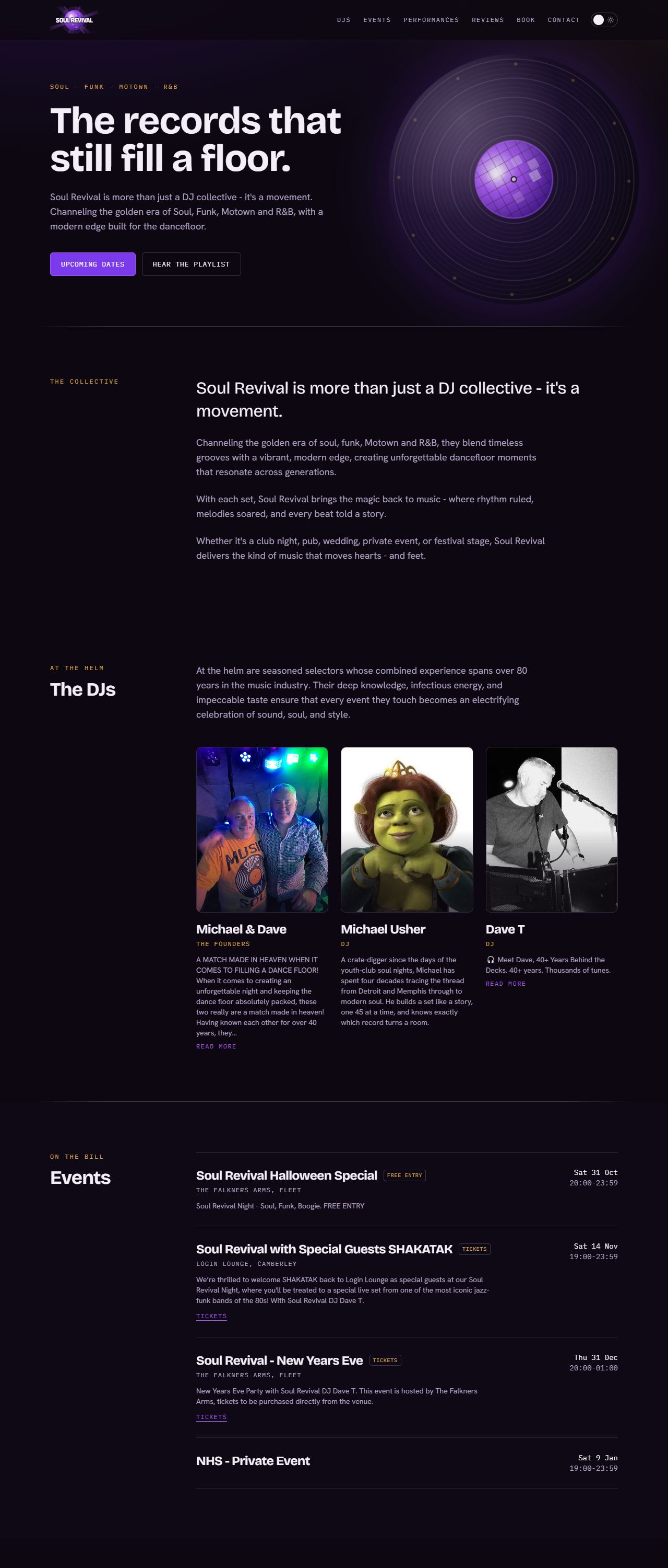 The Soul Revival website on a desktop browser: a dark purple page with the headline The records that still fill a floor beside a spinning vinyl record, and an Upcoming Dates button.